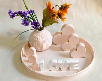 Boho Home Decor Tray Set, 3D Printed Fluted Centerpiece Kit, Bud Vase, Hearts, LOVE Sign, Coffee Table Shelf Decor, Neutral Farmhouse