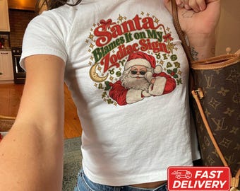 Christmas Baby Tee, Santa Blames It on My Zodiac Sign Shirt, Funny Astrology Horoscope Top, Vintage Christmas Gift, Zodiac Shirt, Youth Size