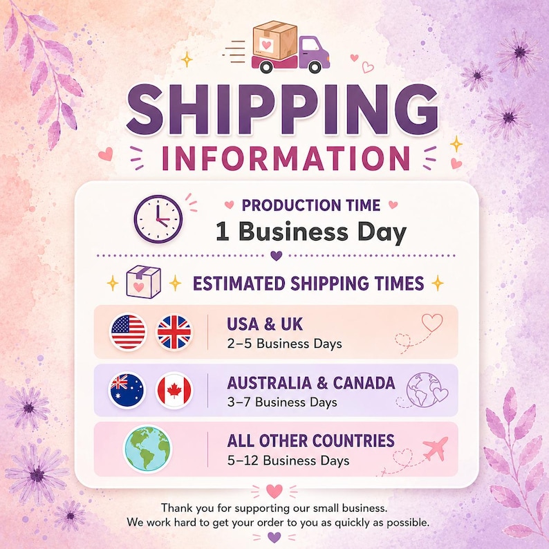 May include: A shipping information graphic with a purple truck icon, a clock, and flags for the USA, UK, Australia, and Canada. It lists production time as 1 business day and estimated shipping times for various regions on a soft watercolor background.