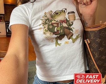 Whimsical Frog Shirt, Book Lover Tee, Funny Frog Coffee Shirt, Cottagecore Animal Graphic Tee, Dark Academia Reader Gift, Youth Size