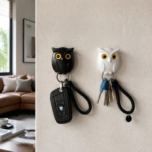 May include: Two wall-mounted owl key holders, one black and one white, each featuring large yellow eyes. The black owl holds a black car key fob with a braided strap, while the white owl holds a set of metal keys with a black braided strap.