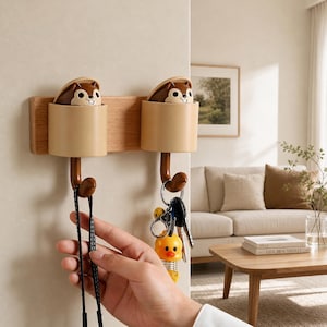 May include: A wall-mounted wooden rack featuring two beige cylindrical holders, each topped with a brown and white squirrel figure. Each holder includes a curved brown hook underneath, with one hook holding a set of keys with a yellow duck keychain.