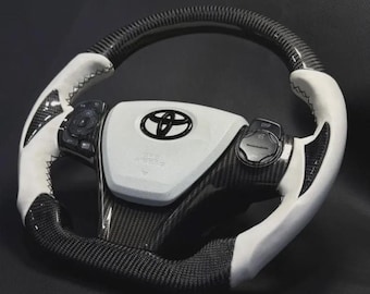 Volante deportivo de fibra de carbono auténtica con base plana y empuñadura de cuero para Toyota Camry 2012–2017.