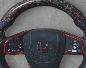 Honda Civic 10th Gen 2016-2021 Forged Carbon Fiber Steering Wheel with Red Trim.