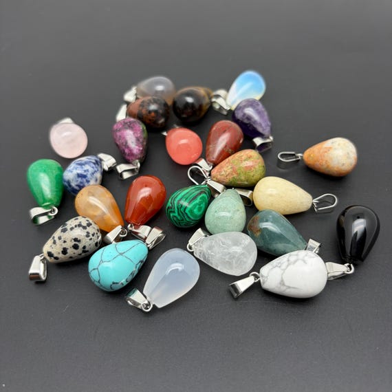 Natural Gemstone Teardrop Pendant – Mixed Crystal Stone Necklace Charm, Polished Gemstone Jewelry Making Supply