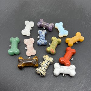 May include: A collection of twelve dog bone-shaped pendants carved from various polished gemstones, including white quartz, amethyst, blue sodalite, green aventurine, rose quartz, tiger's eye, dalmatian jasper, red jasper, and white howlite.