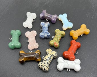 Può includere: Una collezione di dodici ciondoli a forma di osso di cane intagliati in varie pietre preziose levigate, tra cui quarzo bianco, ametista, sodalite blu, avventurina verde, quarzo rosa, occhio di tigre, diaspro dalmata e diaspro rosso.