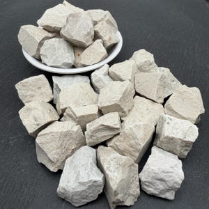 Könnte beinhalten: Eine Ansammlung von rohen, cremeweißen Kalksteinen mit unregelmäßigen, gezackten Formen und rauen Texturen. Einige dieser Steine befinden sich in einer weißen runden Schale, während andere um die Basis der Schale herum verstreut sind.