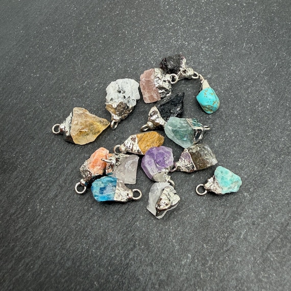 Natural Raw Gemstone Pendant - Silver Jewelry Making Supplies, DIY Necklace Bracelet Charm