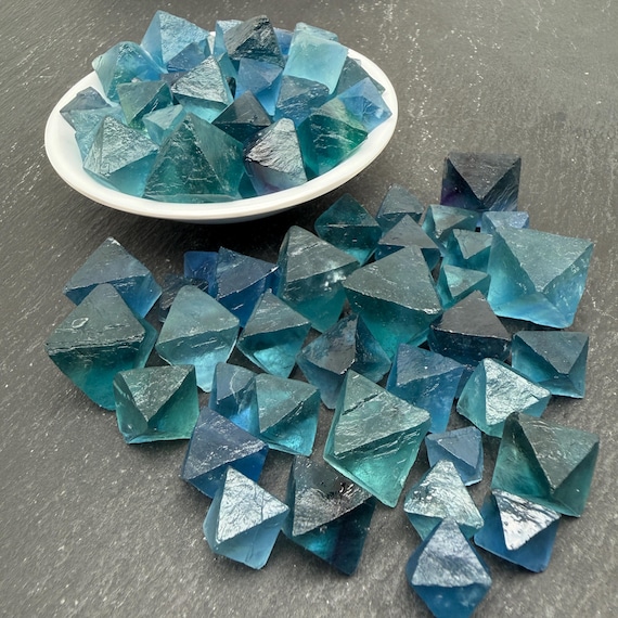 Blue Fluorite Octahedron Stone - Octahedral Mineral Specimen, Pocket Gemstone, Fluorite Display Stones