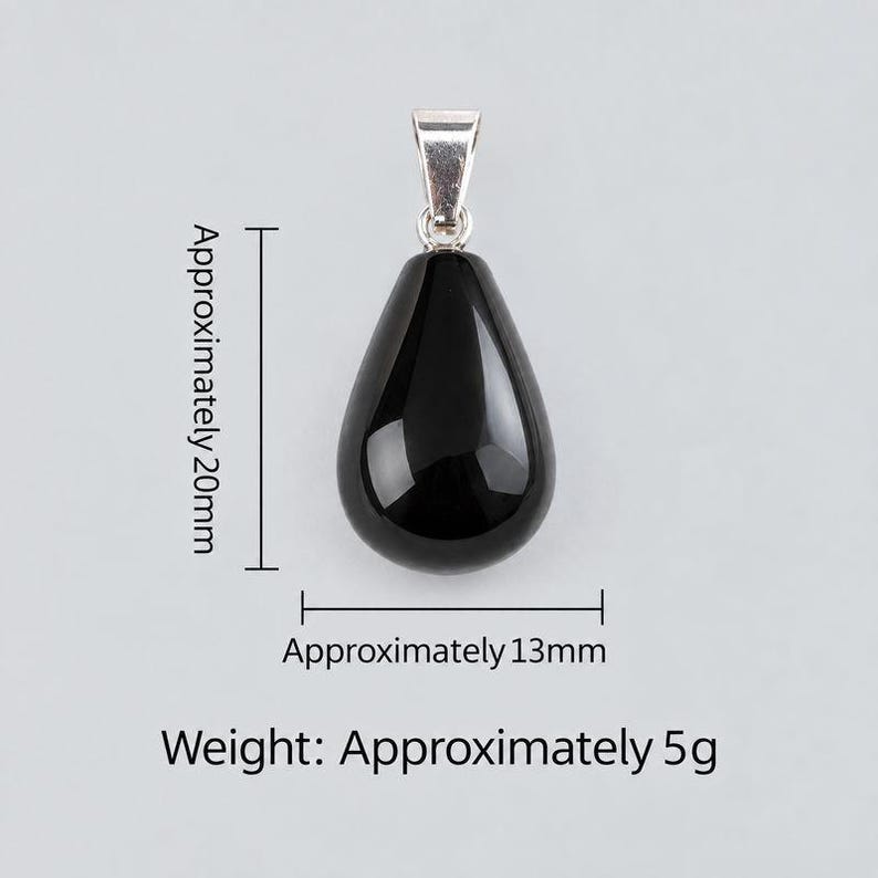 May include: A smooth, black, teardrop-shaped pendant with a silver-toned metal bail. The pendant measures approximately 20mm in height and 13mm in width, with a total weight of approximately 5g as indicated by the text in the image.