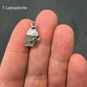 Pu&ograve; includere: Un ciondolo in Labradorite grezza con una pietra scura sfaccettata, una calotta metallica color argento e un piccolo anello circolare sulla parte superiore. Il testo 7-Labradorite &egrave; visibile nell'angolo in alto a sinistra.