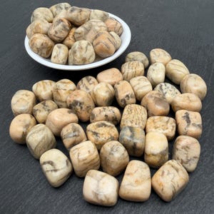 May include: A collection of tumbled stones in shades of cream, beige, and light brown with dark grey veining. Some stones are contained within a small white bowl, while others are scattered across the surface in a loose arrangement.