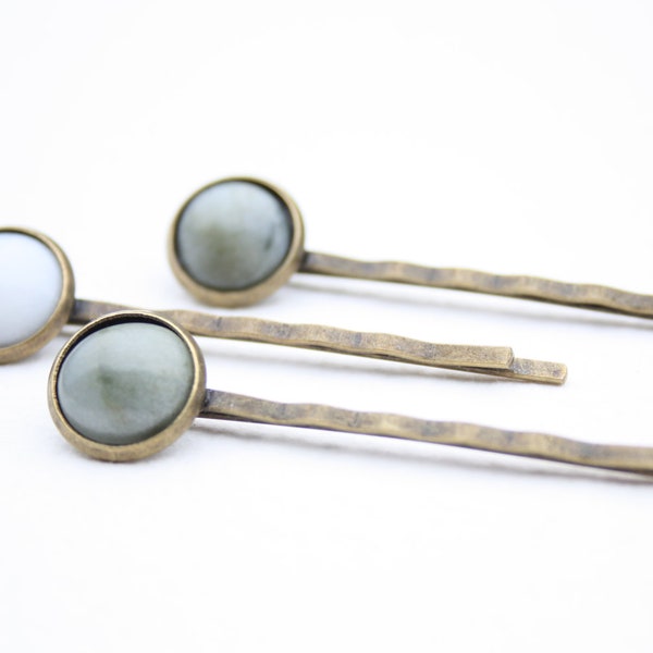 3 Soapstone Bobby Pins (Green, White) // Hand-sculpted Hairpins