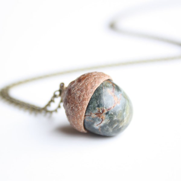 Acorn Necklace // Autumn & Fall Pendant // Hand-Sculpted Blue Alabaster