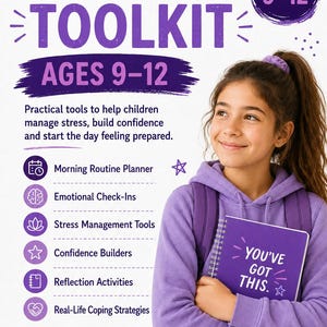 Può includere: Un kit mattutino per bambini dai 9 ai 12 anni con un quaderno viola che riporta la scritta You've Got This. Il documento elenca strumenti come un pianificatore di routine mattutina, check-in emotivi e attività di riflessione.