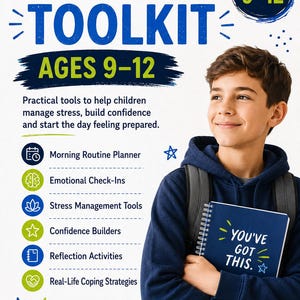 Può includere: Un Morning Toolkit per bambini dai 9 ai 12 anni con un quaderno blu che riporta la scritta 'YOU'VE GOT THIS.' Il documento elenca strumenti come un pianificatore di routine mattutina, check-in emotivi, strumenti di gestione dello stress, attività di riflessione e strategie di coping.