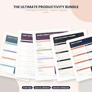 Puede incluir: Un paquete de productividad digital con cinco hojas de planificación imprimibles, incluyendo un rastreador de hábitos, planificadores semanales y hojas de enfoque. El texto dice THE ULTIMATE PRODUCTIVITY BUNDLE, 5 Printables, 8 PDF Files, English & Spanish, 8 PDF FILES, SAVE VS. SEPARATE, INSTANT DOWNLOAD.