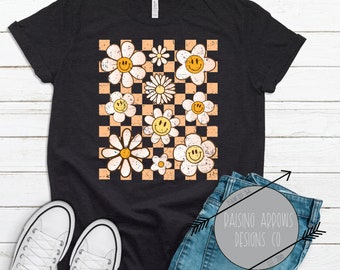 Retro Checkered Smile Flowers PNG, 70s Groovy Floral Design