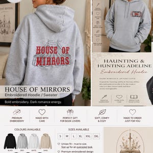 Può includere: Una felpa con cappuccio grigio chiaro caratterizzata da una scritta ricamata in rosso sul retro che recita House of Mirrors sopra un grafico di un tendone da circo. Il petto anteriore sinistro mostra una toppa rettangolare più piccola.