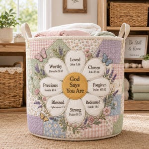 Daisy Scripture Patchwork Laundry Basket, Christian Faith Gift God Says You Are Hamper, Bible Verse Clothes Storage Organizer