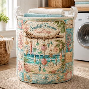 Könnte beinhalten: Ein zylindrischer Wäschesammler aus gestepptem Stoff mit zwei Tragegriffen. Die Außenseite zeigt ein Strandmotiv mit dem Text "Seashell Dreams Ocean Breeze" und hängenden Muschelornamenten. Das Design umfasst Korallen, Seesterne und Meereswellen in Blau-, Rosa- und Beigetönen.