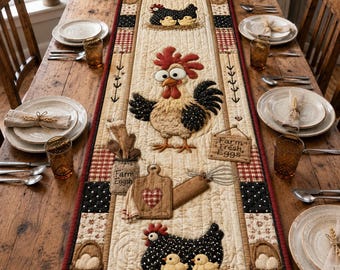 Funny Rooster Quilted Table Runner, Farm Fresh Eggs Decor, Hen and Chicks Country Kitchen Table Scarf, Primitive Farmhouse Family Gift