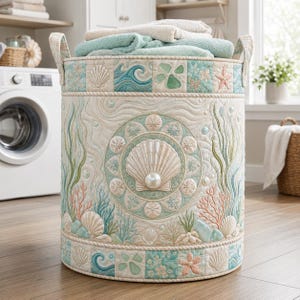 Könnte beinhalten: Ein zylindrischer Wäschekorb aus Stoff mit einem gesteppten Design im Ozean-Thema. Die Außenseite zeigt gestickte Muscheln, Korallen, Seetang und Wellen in Creme-, Türkis- und Pfirsichtönen mit einem zentralen Muschel- und Perlenakzent.
