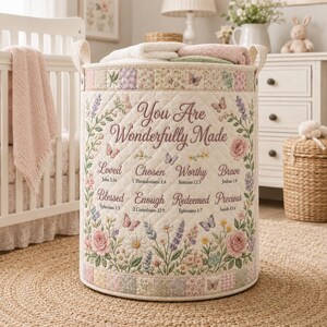 Wonderfully Made Christian Laundry Basket, Floral Patchwork Storage Hamper, Scripture Clothes Bin, Religious Faith Gift