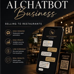 Peut inclure: Une affiche noire intitulée HOW TO BUILD A $12K/MONTH AI CHATBOT Business SELLING TO RESTAURANTS. Elle présente un smartphone affichant une interface de chatbot de restaurant et un panneau avec QR code SCAN TO ORDER. FAST. EASY. CONVENIENT.