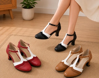 Escarpins brogues rétro à bride en T pour femmes, escarpins Mary Jane vintage, chaussures à talons carrés épais, chaussures habillées de style britannique, chaussures classiques