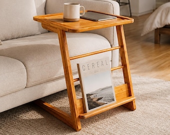 Solid Wood C-Shaped Side Table, End Sofa Table with Storage Shelf