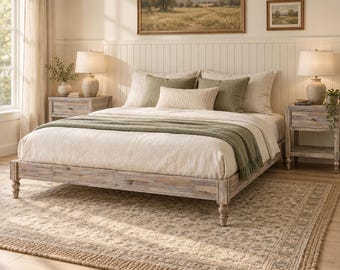 Classic Platform Bed Frame, Solid Acacia Wood, Wire-Brushed Barnwood Finish