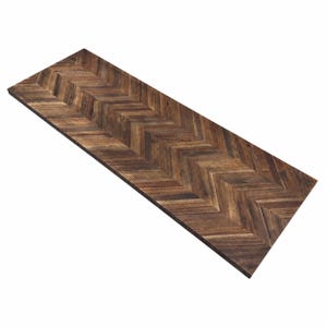 May include: A rectangular wooden board featuring a dark brown finish and a prominent herringbone pattern. The wood grain displays natural variations in tone, ranging from light tan to deep espresso, arranged in a repeating chevron design.