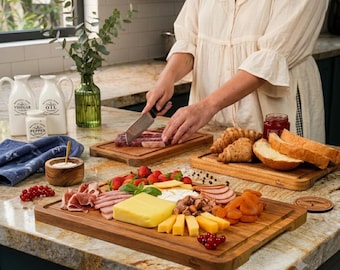 May include: A rectangular wooden cutting board featuring an assortment of sliced cheese, cured meats, dried apricots, and fresh strawberries. Nearby, a second wooden board holds sliced bread and croissants, while a third board shows raw meat.
