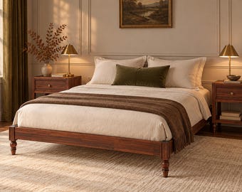 Solid Acacia Wood Bed Frame, Wire-Brushed Rustical Finish, Turned Legs