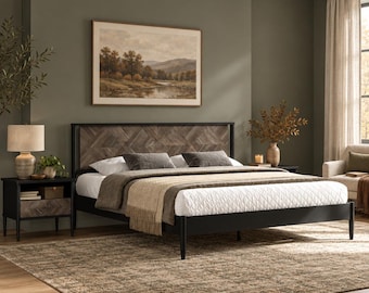 Handcrafted Solid Wood Bed Frame with Headboard, Solid Hardwood, Mid Century Modern Rustic Farmhouse Bedroom, Easy Assembly