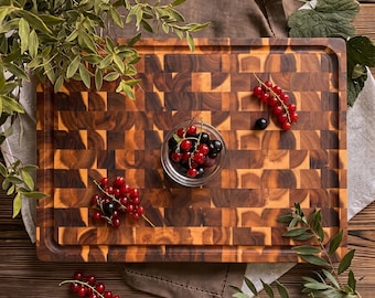 Solid Acacia Wood End Grain Cutting Board, Butcher Block with Juice Groove