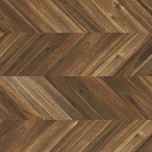 May include: A dark brown wooden surface featuring a repeating chevron pattern. The wood grain displays natural variations in tone, including light and dark streaks, knots, and organic textures arranged in a precise, angled, interlocking layout.