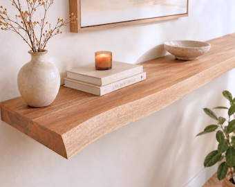 Solid Acacia Floating Shelves Live Edge, Invisible Bracket, Custom Size Wall Mounted Floating Shelf