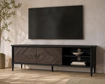 Media Console TV Stand 63" | Mid-Century Modern Solid Wood Black Chevron | Acacia Wood Credenza Entertainment Center with Sliding Doors