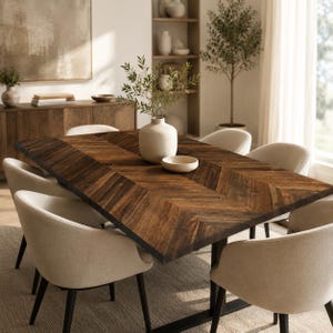 May include: A rectangular dining table with a dark brown wood top featuring a chevron pattern, supported by a black metal base. The table is surrounded by six upholstered chairs in a light beige fabric with dark wooden legs.