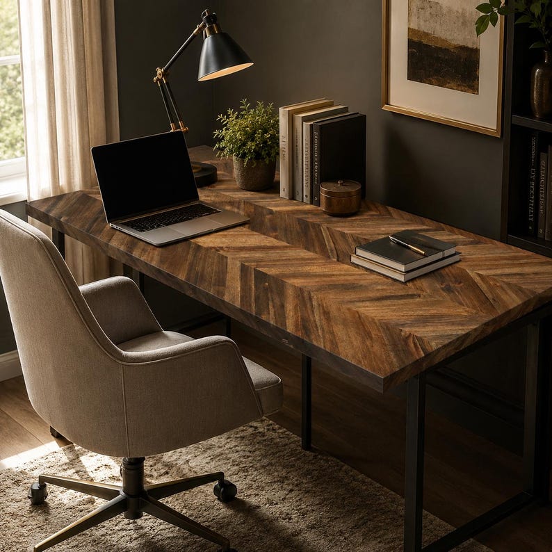 May include: A rectangular wooden desk with a dark brown herringbone pattern surface and a black metal frame. The desk holds a laptop, a potted green plant, a stack of books, a small round container, and a notebook with a pen. A beige office chair.