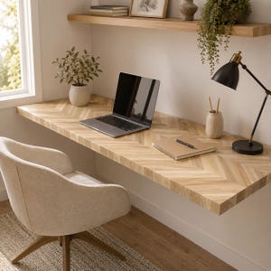 May include: A light wood floating desk with a herringbone pattern, featuring a silver laptop, a tan notebook with a black pen, a black desk lamp, and a small potted plant. A beige upholstered swivel chair is positioned in front of the desk.