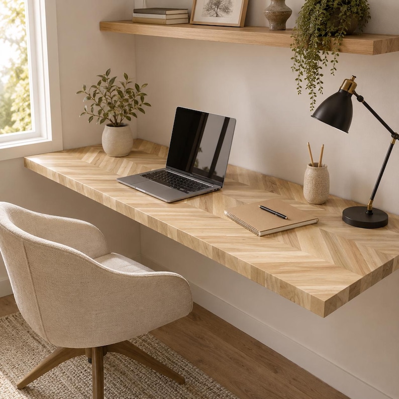 May include: A light wood floating desk with a herringbone pattern, featuring a silver laptop, a tan notebook with a black pen, a black desk lamp, and a small potted plant. A beige upholstered swivel chair is positioned in front of the desk.