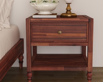 Solid Acacia Nightstand, Rustical Wire-Brushed Finish, Soft-Close Drawer