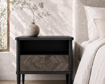 Solid Acacia Wood Nightstand with Drawer Open Shelf Mid Century Modern Bedside Table Black & Teak Accent End Table for Bedroom