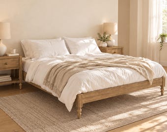 Solid Acacia Wood Bed Frame, Wire-Brushed Driftwood Finish, Turned Legs