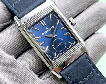 Vintage Jaeger LeCoultre Reverso Blue Dial Quartz Men's Wrist Watch Free Shipping