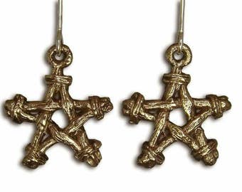 Hand sculpted bronze pentagram earrings on sterling silver ear wires.  Lacquered to protect from tarnishing.  Created in Cornwall, UK.